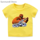 Крутая желтая футболка с мультяшным принтом Grizzy, детская одежда для девочекмальчиков, летняя модная футболка в стиле хип-хоп, детская одежда унисекс, футболка