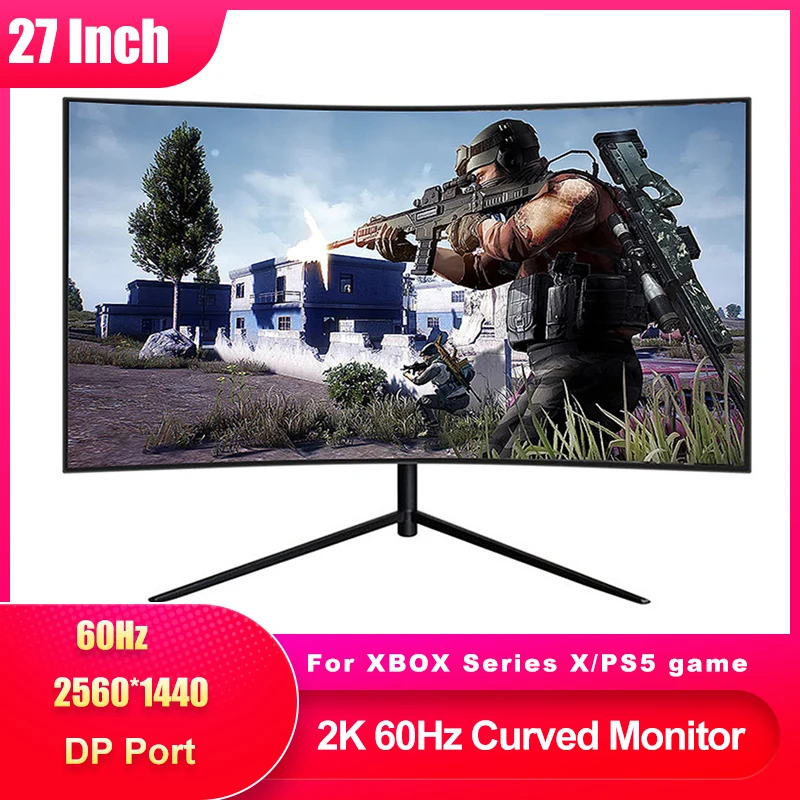 

27" 2K 60Hz Curved LED Monitor 2560*1440 Portable VA Display Screen For XBOX Series X/PS5 Game/Movie Gaming Monitor DP Interfac