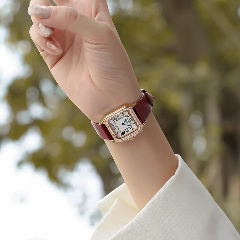 GUOU Ultra Thin 6MM Square Quartz Watch for Women Leather Strap Luxury Rhinestone Ladies Wrist Watches Crystal Female Clocks enlarge