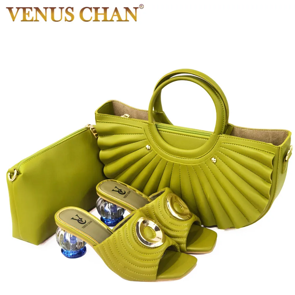 

Itallian Design 2021 New Arrival Fashion Avocado Color Party Elegant Women Shoes and Bag Set full of Rhinestone Mixing Metal