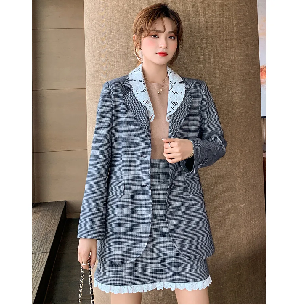 

Женский клетчатый Блейзер, Женский Длинный блейзер, женская одежда на осень 2020, серый клетчатый блейзер с отложным воротником и кружевом, оф...