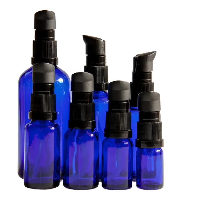 

Portable Blue Glass Lotion Pump Empty Bottle 5ml 10ml 15ml 20ml 30ml 50ml 100ml Cosmetic Packing Essential Oil Refillable Vials