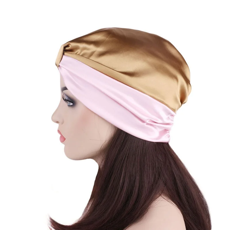 

Women Head Cover Sleep Cap Knot Pleated Night Hair Hat Turban Hat Satin Hairband Bathing Sleep Elastic