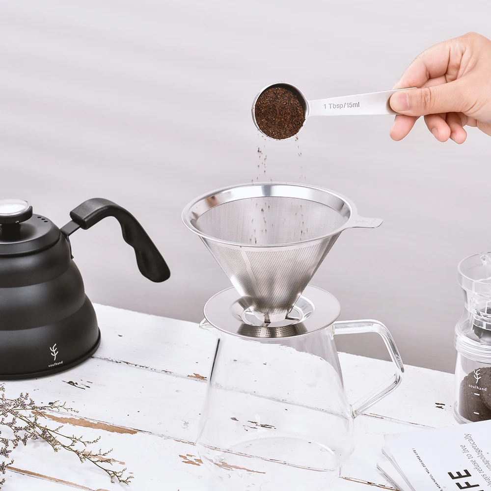 

Soulhand Coffee Filters Stainless Steel Double Layer Reusable Coffee Filters Dripper v60 Drip Coffee Baskets With Scoop Brush
