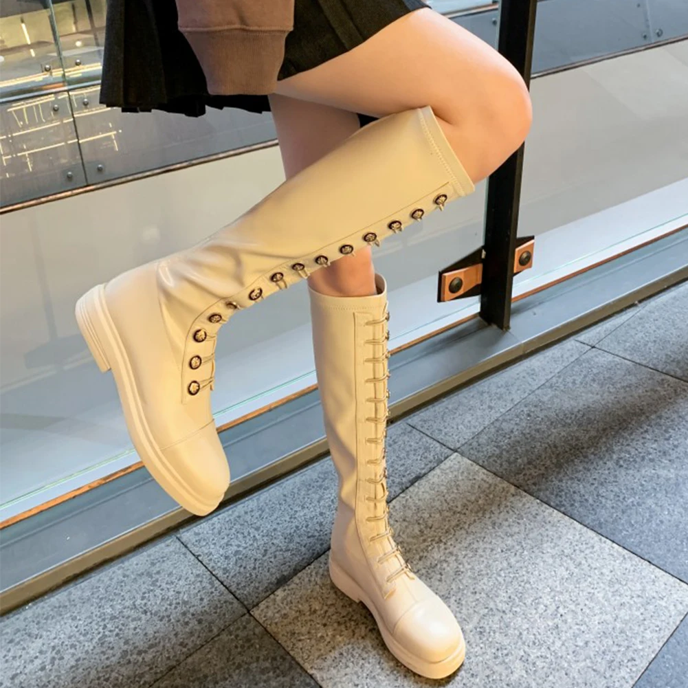 

RIBETRINI Genuine Leather Women Knee High Shoes Women Button Metal Boots Solid Cool Fashion Chunky Autumn Boots
