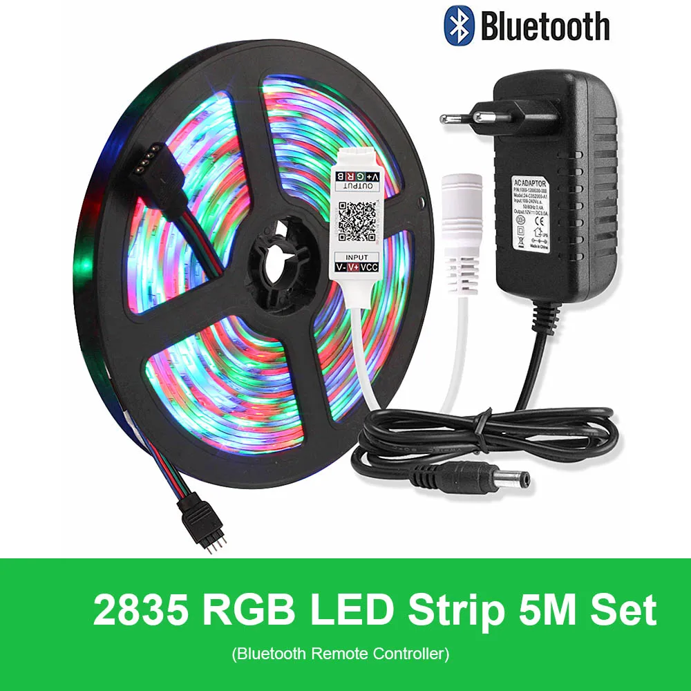 2835 Светодиодная лента Водонепроницаемая 5 м лента RGB Гибкая неоновая Диодная Tira светодиодный светильник полоса 220 В до 12 В адаптер Bluetooth/17 ключ дистанционного управления - Испускаемый цвет: Bluetooth Controller