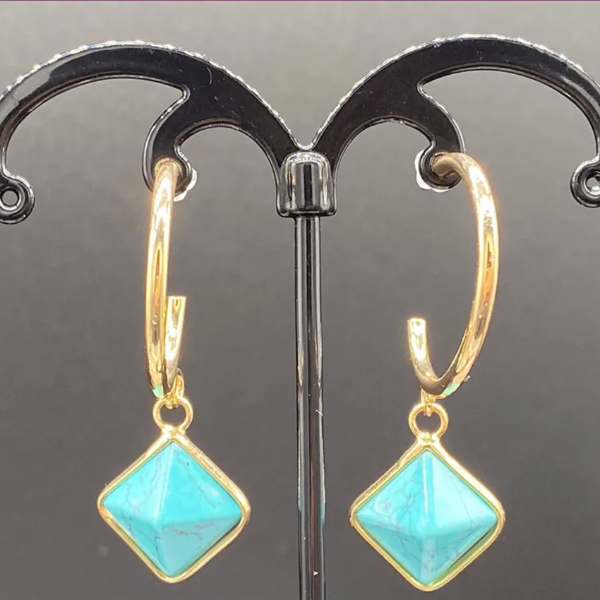 FYJS Unique Light Yellow Gold Color Square Pyramid Green Aventurine Dangle Earrings Golden Sand Stone Jewelry | Украшения и