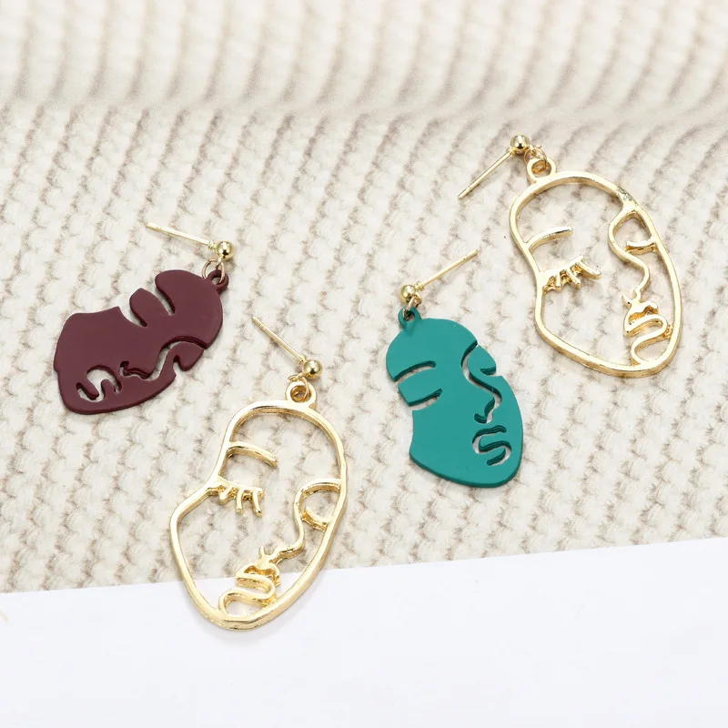 

Funny Asymmetry Face Drop Earring Grey Abstraction Aesthetics Dangle Earrings Retro Korean Gold Hollow Wild Retro 2020 New Women