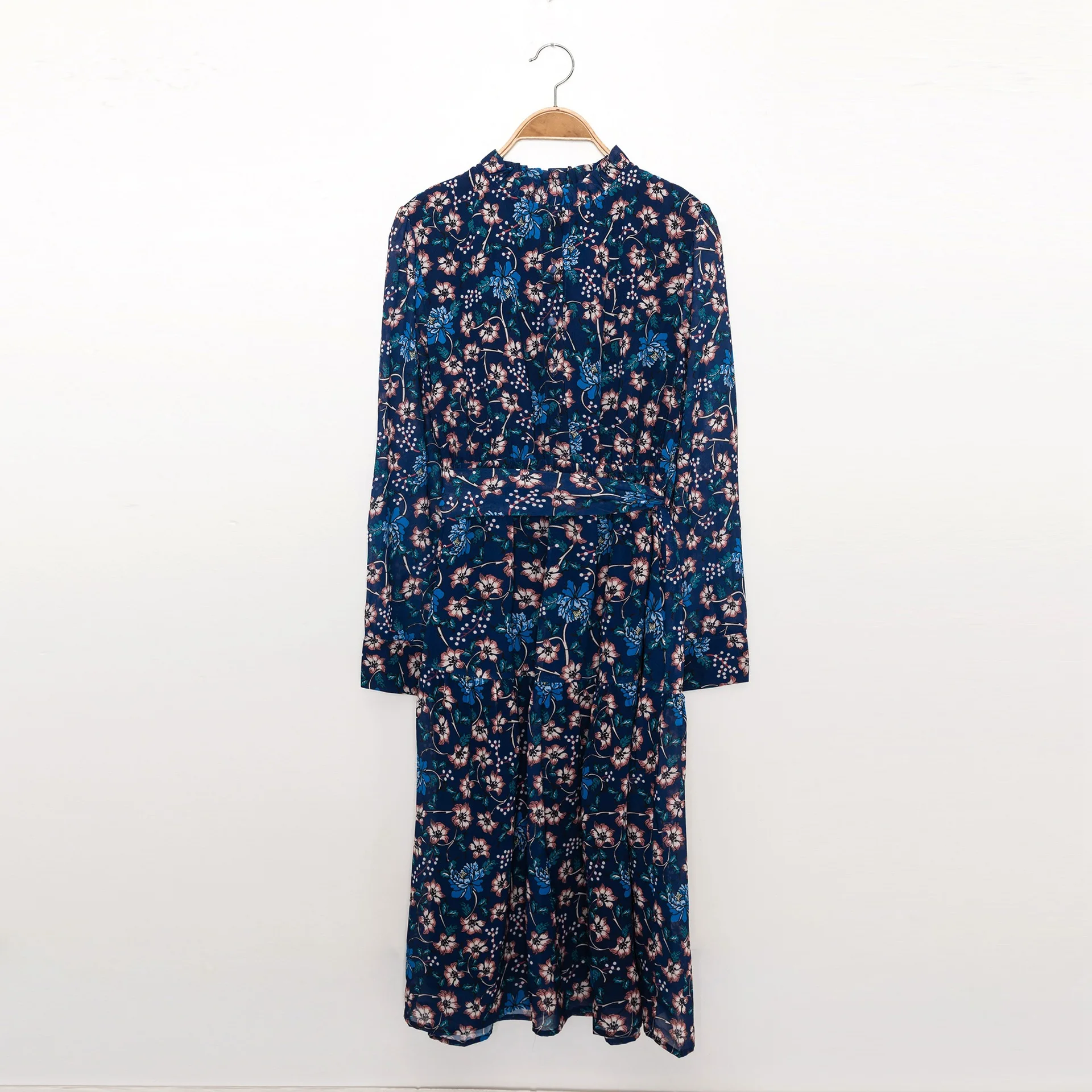 

2021 Spring and Summer Women's Dress Temperament French Flower Print Long-sleeved Blue Waist Belt Was Thin Mid-length Dress