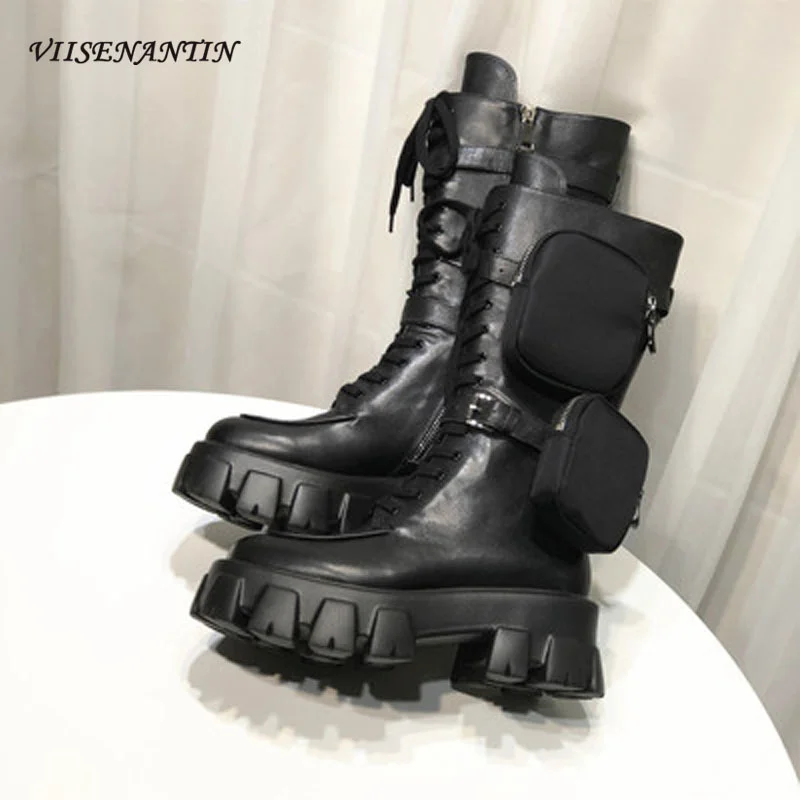 

Ботинки-мартинсы на толстой подошве, кожаные мотоциклетные ботинки, военные ботинки со съемной сумкой, декоративные Ботильоны на молнии