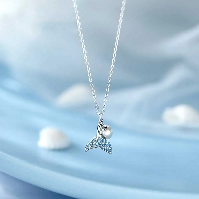

S925 Silver Pearl Fish Tail Pendant Necklace for Women Neck Chain Choker Necklaces Engagement Wendding Jewelry