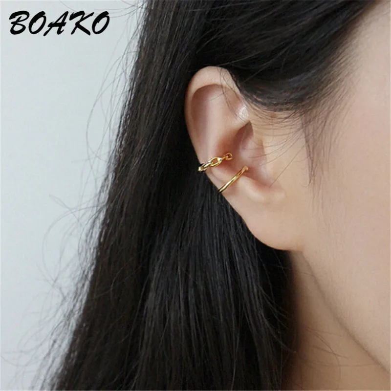 BOAKO, 1 шт., каффы для ушей, хрящи, клипсы для ушей, для женщин, не прокалываются, скрученные, маленькие, ушные каффы, 925 пробы, серебряные ювелирные изделия