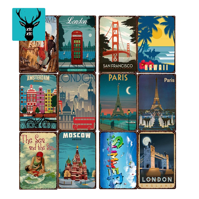 

[ XIEXIE ] Travel Metal Sign Custom Vintage Retro Venice Ireland Cairo Iron Painting Pub Store City Poster Art home decor