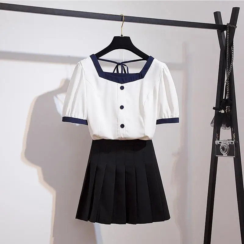 

ICHOIX Student girl two piece skirt set women summer outfits Square Collar blouse pleated JK skirt set Clothes 2 piece set women