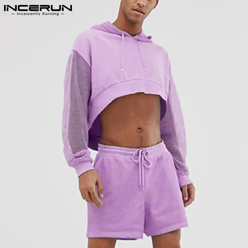 

Solid Color Men Sets Mesh Patchwork Streetwear Hooded Long Sleeve Crop Tops Drawstring Shorts Casual Mens Suits 2 Pieces INCERUN