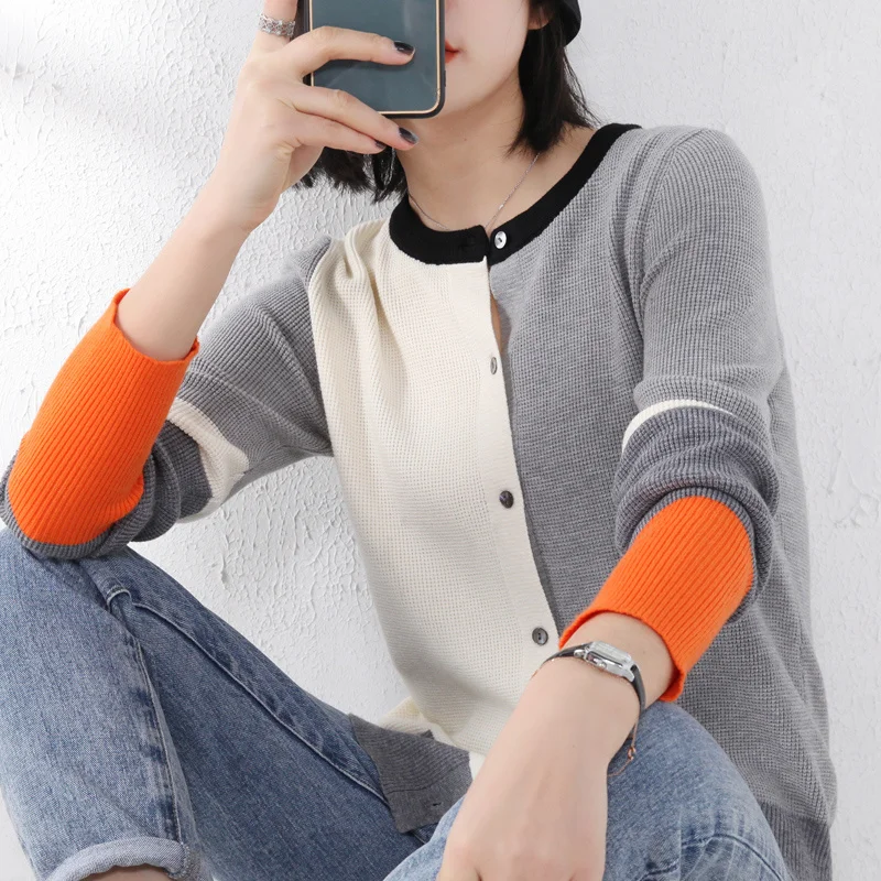 

Women's loose long sleeve knitted jacket, round neck casual jacket, color matching, spring and autumn, new in 2021