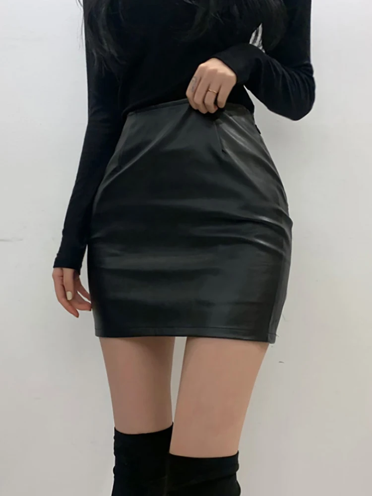 

Новинка 2020, Сумка с высокой талией, тонкая короткая юбка из искусственной кожи на бедрах, облегающая Сексуальная черная кожаная юбка DQ1142