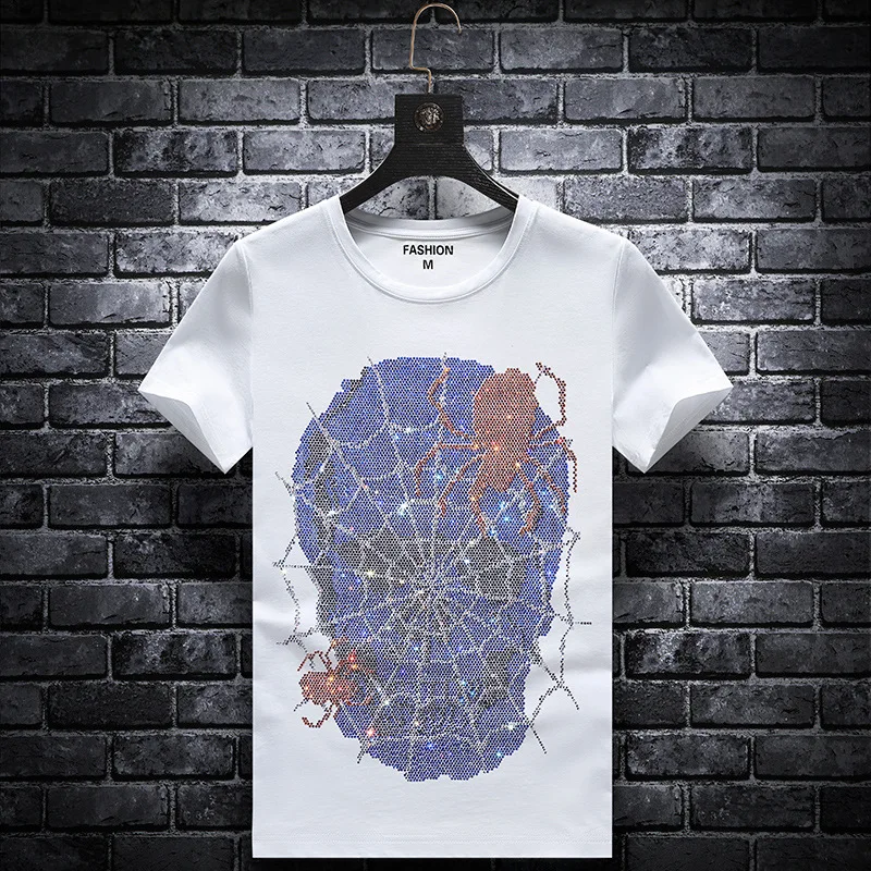 

Fashion 2021 Plus Size Skull Rhinestones Summer Men T Shirts Short Sleeve Man Streetwear O Neck Slim Tshirts Calaveras Camiseta