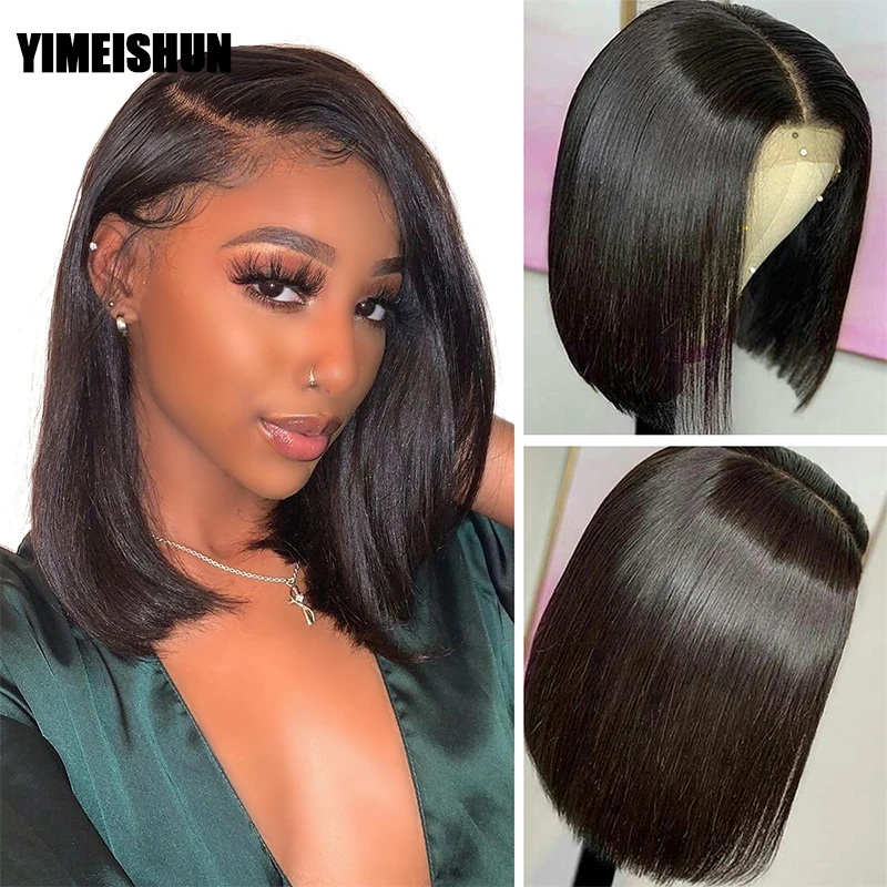 

YIMEISHUN прямые короткие парики боб, парики на сетке спереди, парики из человеческих волос, предварительно выщипанные бразильские волосы 4x4, па...