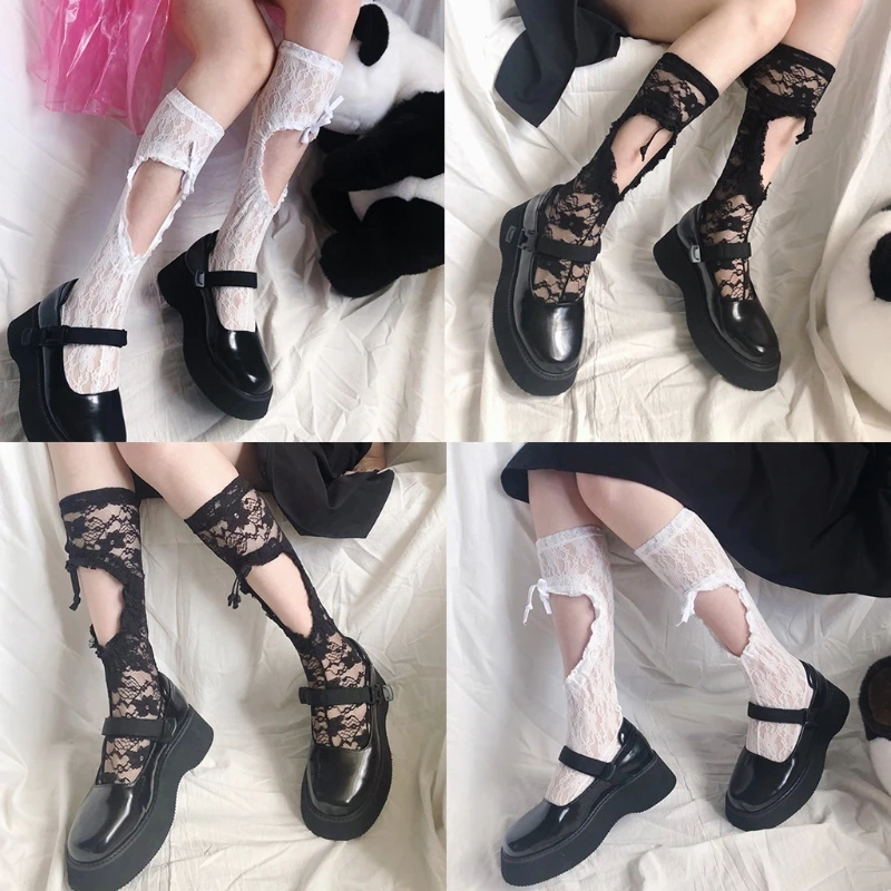 

New Women Gothic Lolita Floral Lace Calf Socks Harajuku Hollow Heart Sweet Ruched Lace-Up Bowknot Mesh Kawaii Tube Stockings