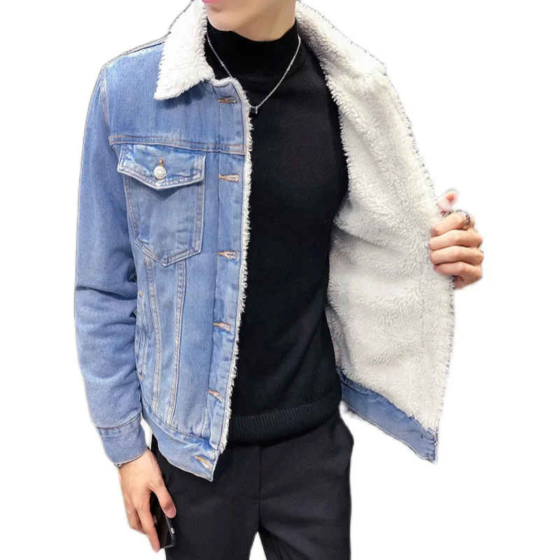Winter 2020 Men's Fashion Thick Fleece Solid Color Casual Denim Jacket Men's Cotton Slim Retro Jacket Men's Jacket