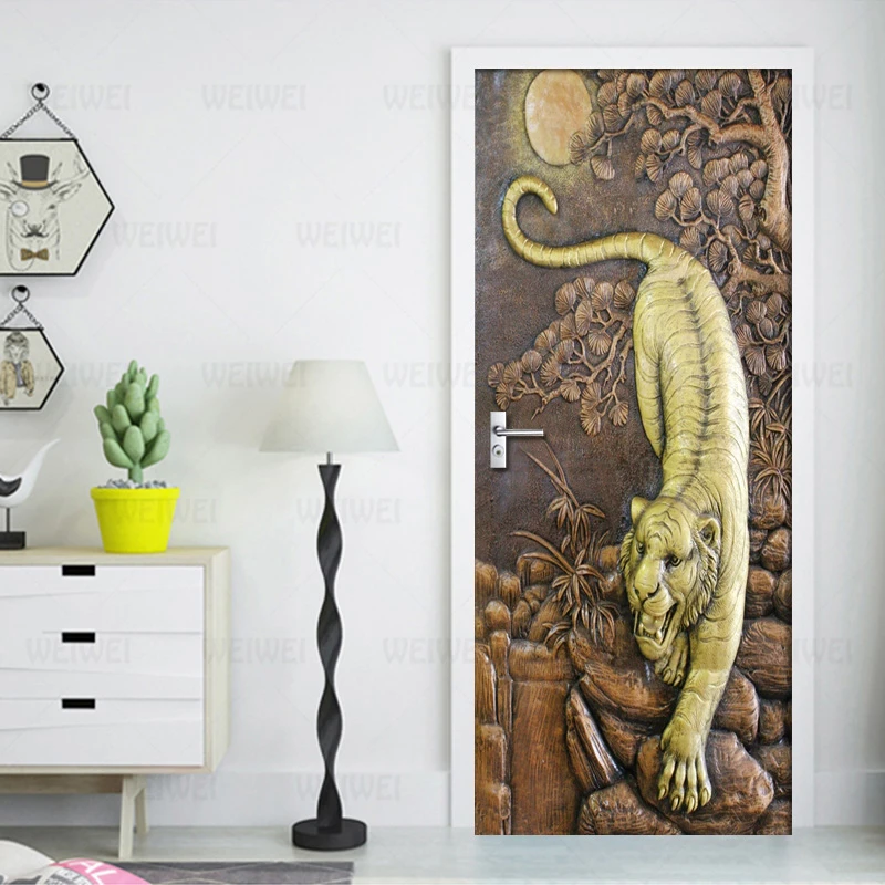 

DIY Door Sticker PVC Waterproof Self-adhesive 3D Embossed Tiger Forest Wallpaper Poster Living Room Door Decor Mural 3D Decals