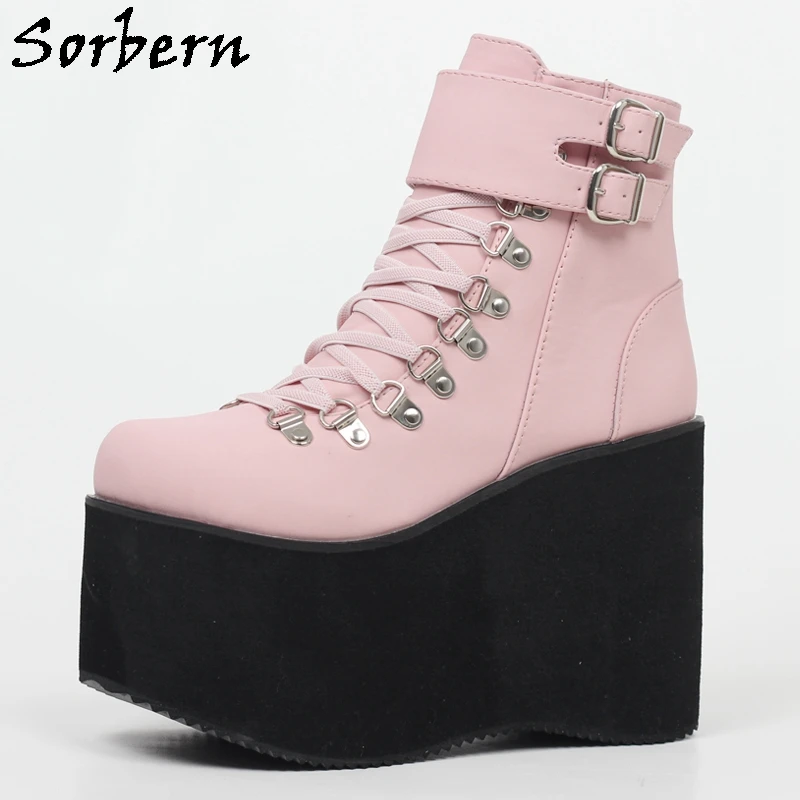

Sorbern Comfortable Lolita Boots Women Wedge Shoes Lace Up Wide Ankle Strap Exotic Heels Platform Black Shoes Size 43 Custom