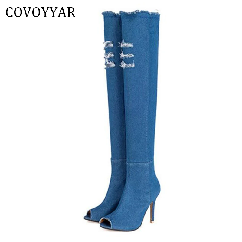 Covoyar/женские ботфорты выше колена с открытым носком Сезон весна осень Женские