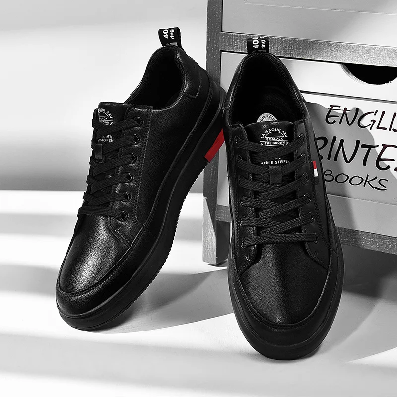 Мужские кроссовки на шнуровке SUROM черные белые повседневные кожаные дышащие из