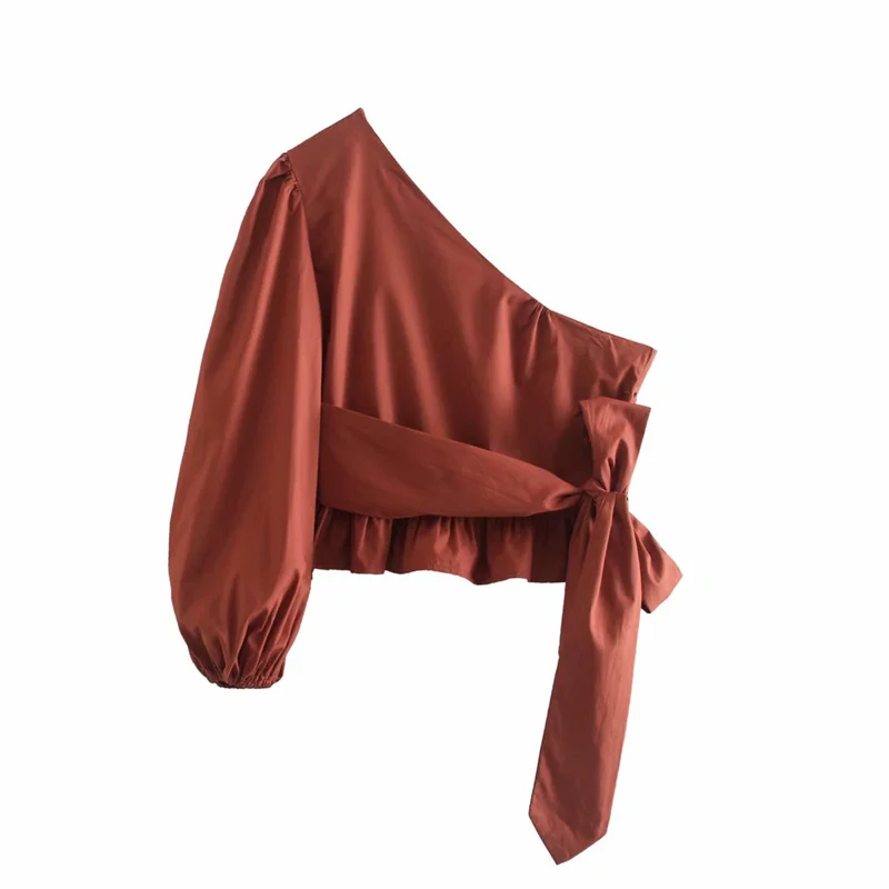 

Повседневные женские рубашки PUWD из мягкого хлопка на одно плечо 2021 летние модные женские винтажные Топы с длинным рукавом однотонный шикар...