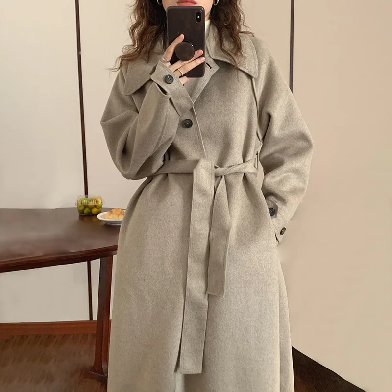 

Женское длинное шерстяное пальто, винтажное однобортное свободное пальто с поясом, верхняя одежда сплошного цвета, зима 2021