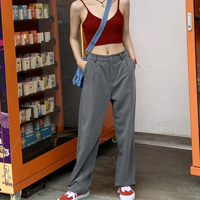 

Женские брюки в стиле Харадзюку с высокой талией, прямые брюки для женщин, модные Свободные повседневные брюки с широкими штанинами, одежда ...