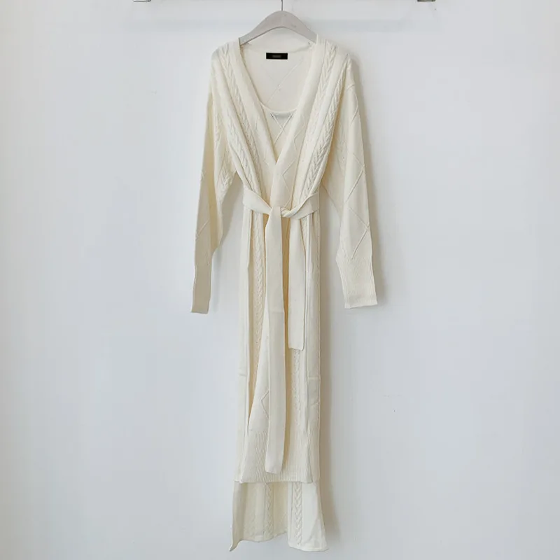 

Winter Retro Elegant Chic Thick Long Twist Cardigan Sweater Belt Khaki Knitted Strap Dress Two Piece Set Women Fashion Sets