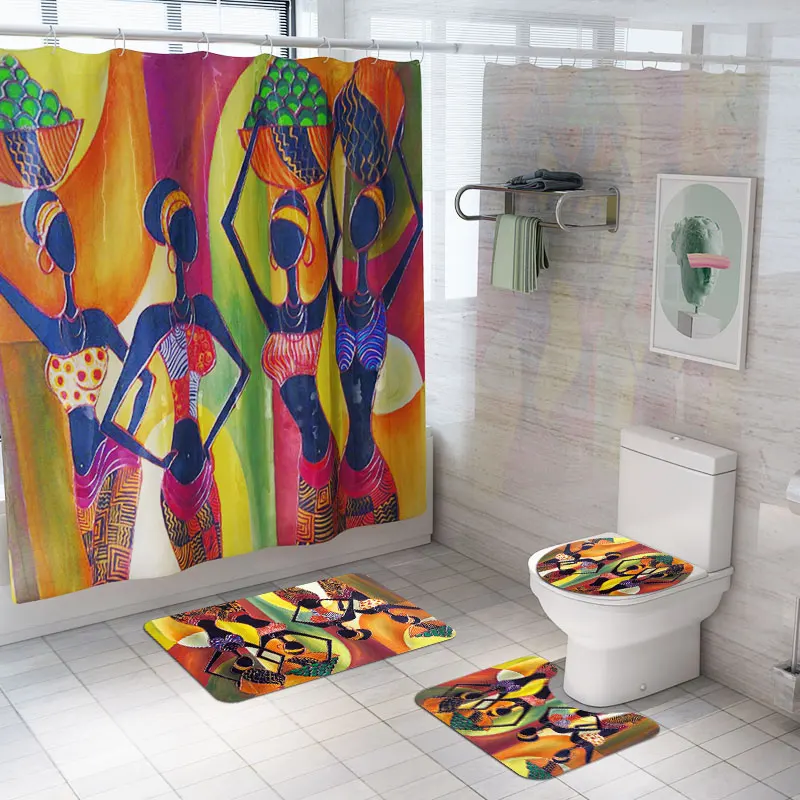 

Abstract Bathroom Shower Curtain Bath Mat Set Cartoon Print Women Polyester Waterproof Toilet Cover Anti-Slip Carpet Home Decor