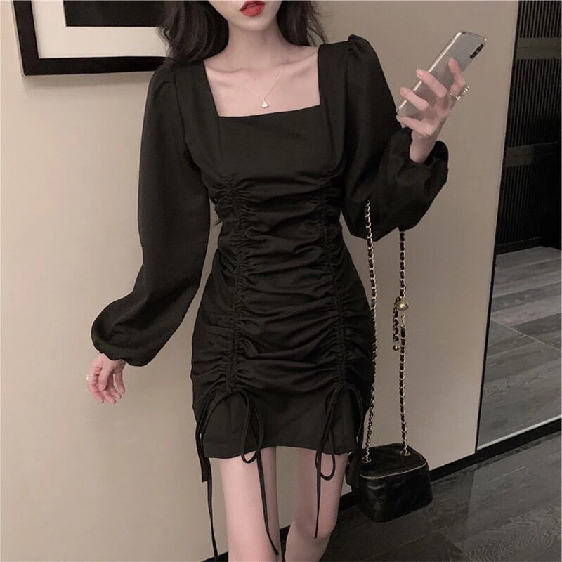 

Women Shirring Dress Slim Puff Sleeve Skirt Pure Color Fashion Plus Size Dress for 2021 New Fashion TT@88