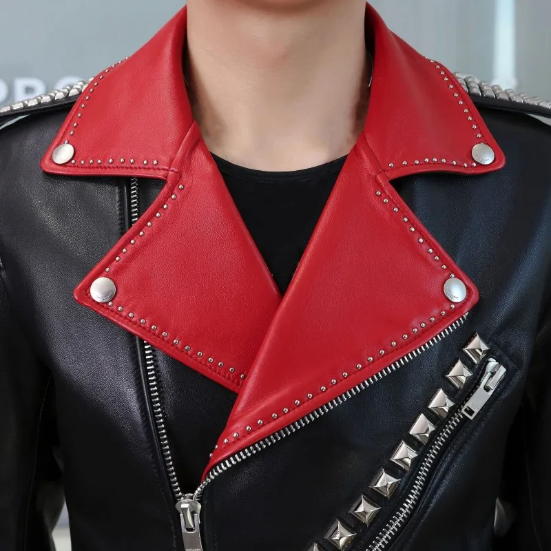 

New Fashion Rivet Lapel Mens Biker Jacket Luxury Genuine Leather Jacket Slim Fit Pocket Zipper Outerwear Male Plus Size 3XL