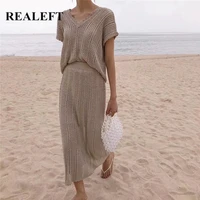 realeft 2021 new summer bohemian womens skirt suits knitting crochet shirts chic straight long skirts women suit female sets