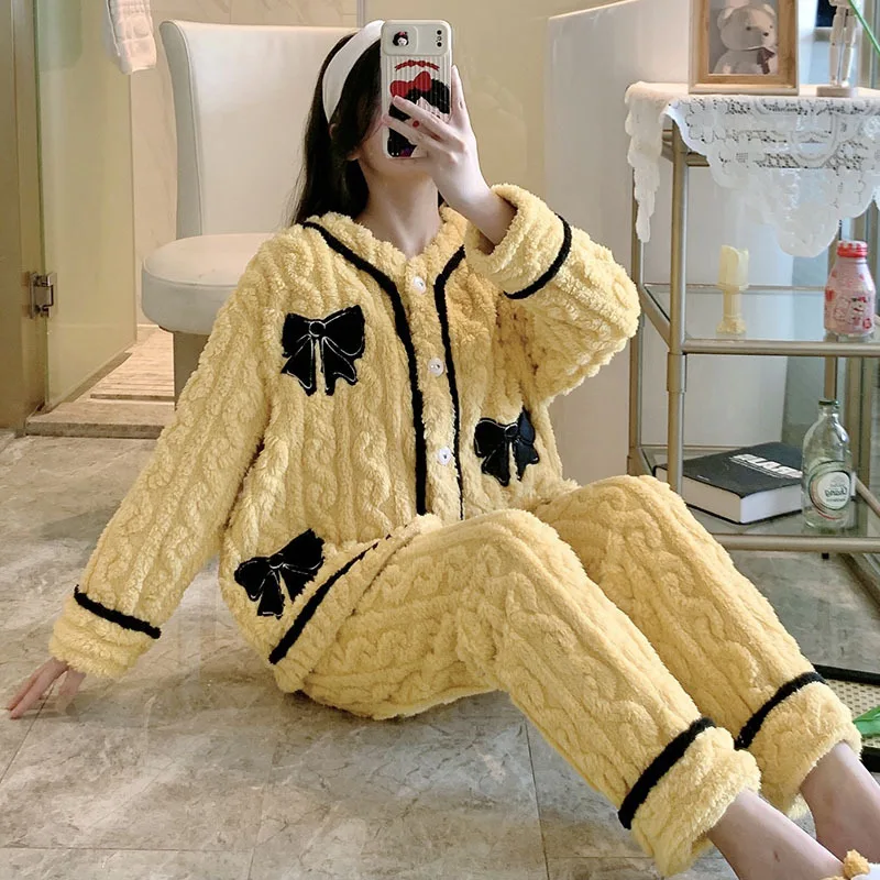 

Coral Fleece Sleepwear Suit Autumn Winter Women Pajamas Shirt&pants Suits Warm Thicken Intimate Lingerie Long Sleeve Pyjamas Set