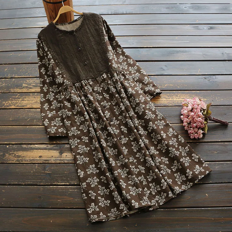Женское хлопковое льняное платье 2019 с длинным рукавом на осень и весну цветочным