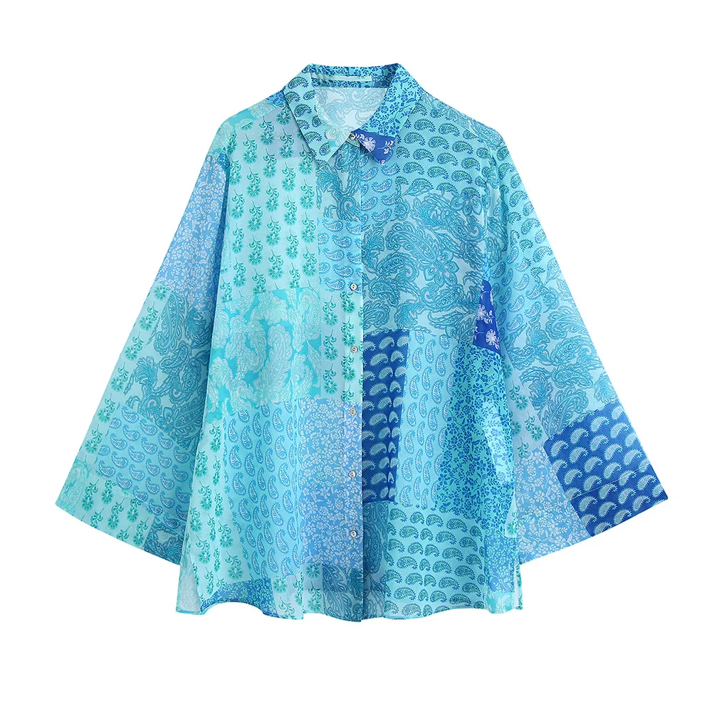 

Tops Women 2021 Long Sleeve Retro Paisley Patchwork Print Shirt Top Turn Down Collar Button Up Vintage Chiffon Blouses Shirts