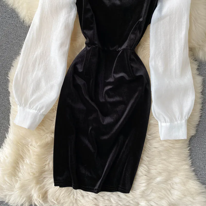 

Autumn Winter Black/White Patchwork Dress For Women Sexy Halter Long Sleeve Party Dresses Female Velvet Vestidos New Fashion