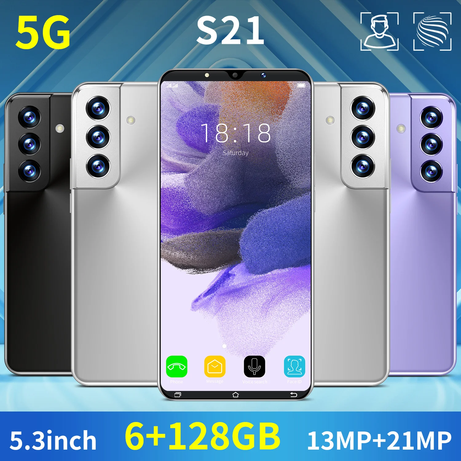 

Global S21 5.3 Inch 8+128GB 13MP+21MP 1440*3200 Smartphone 5G MTK6889 10 Core 4950MAH Android11 Dual SIM Card Face Finger ID