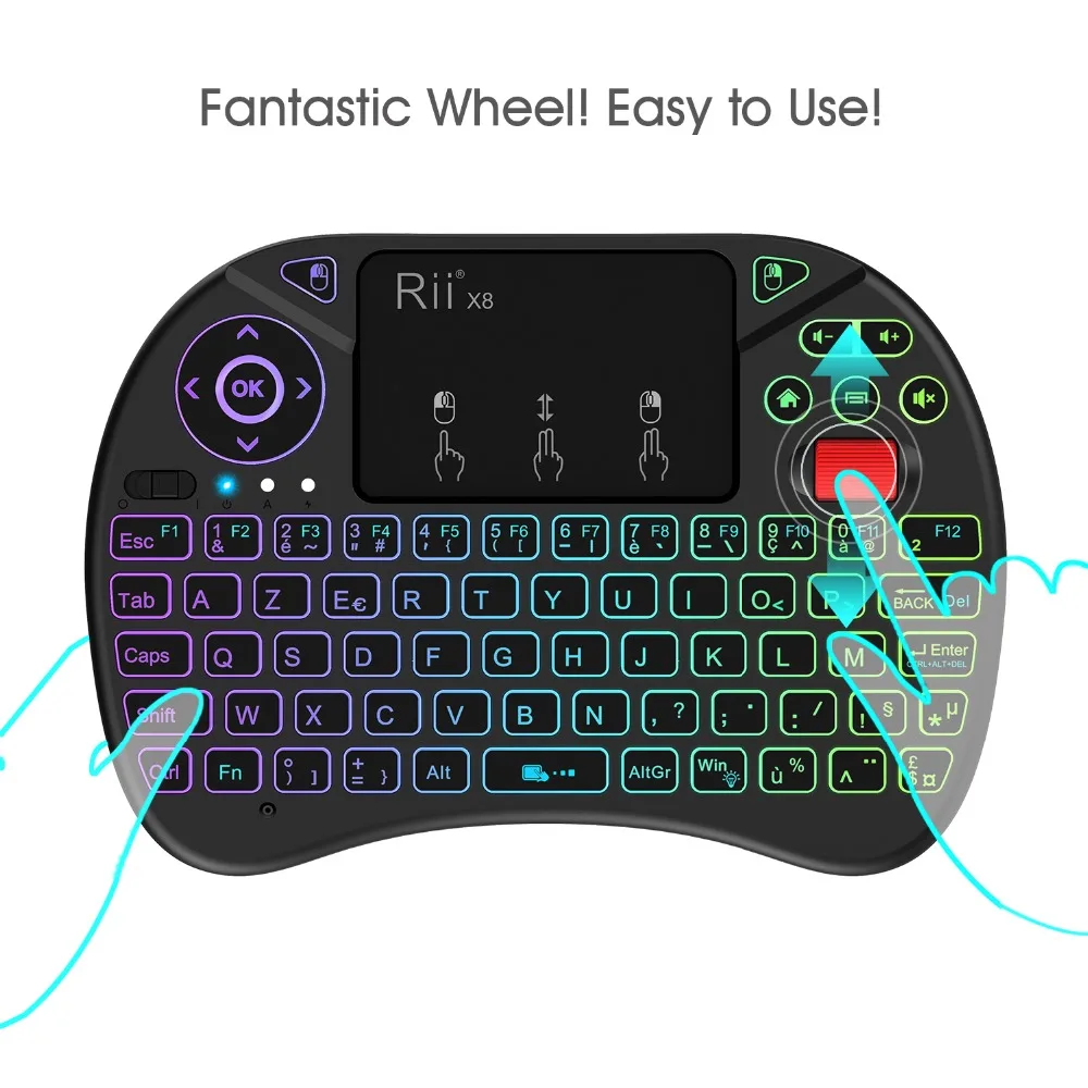 

Original Rii X8 2.4GHz AZERTY Mini French Wireless Keyboard with Touchpad, changeable color LED Backlit, Li-ion Battery