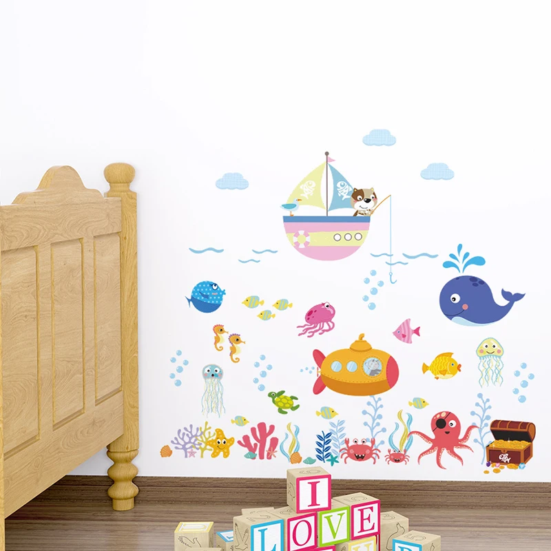 Ocean World Cartoon Kids Room Classroom Wall Sticker Kindergarten Decor Decal Can Decorate The Bedroom, Living Room