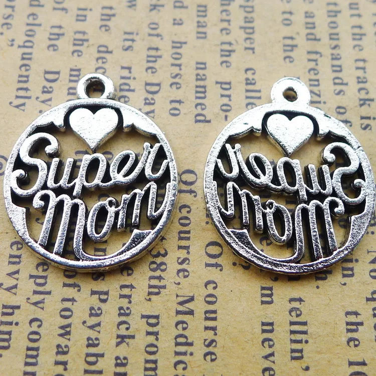 

Подвеска «супер мама» серебряного цвета с сердцем, 18 х22 мм, 10 шт./лот