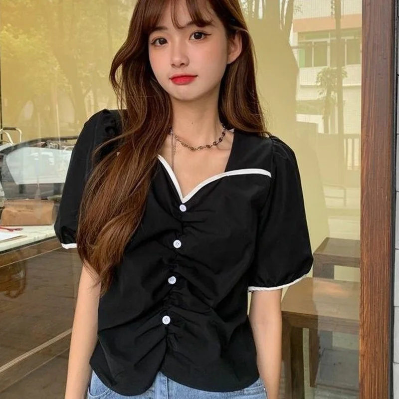 

Футболка женская из полиэстера, однотонный топ с коротким рукавом и V-образным вырезом, Облегающая рубашка в стиле Харадзюку, на лето