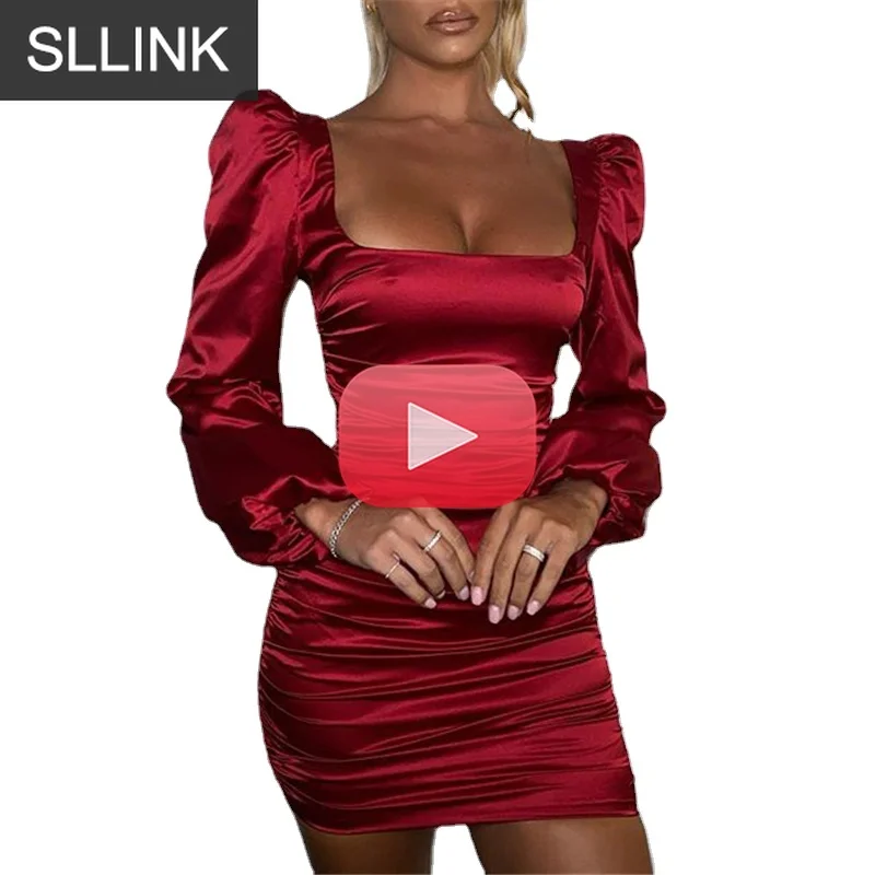 Satin Puff-Sleeve Ruched Dress for Women Solid Square Collar Sexy Dresses Ladies Streetwear Backless Summer Red Pink  Black