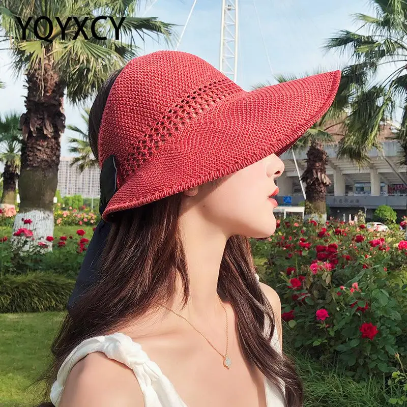 

YQYXCY Hat Women Summer Outdoor Sunshade Empty Top Big Brim Straw Bowknot Sun Hat Female Foldable Breathable Beach Travel Sunhat