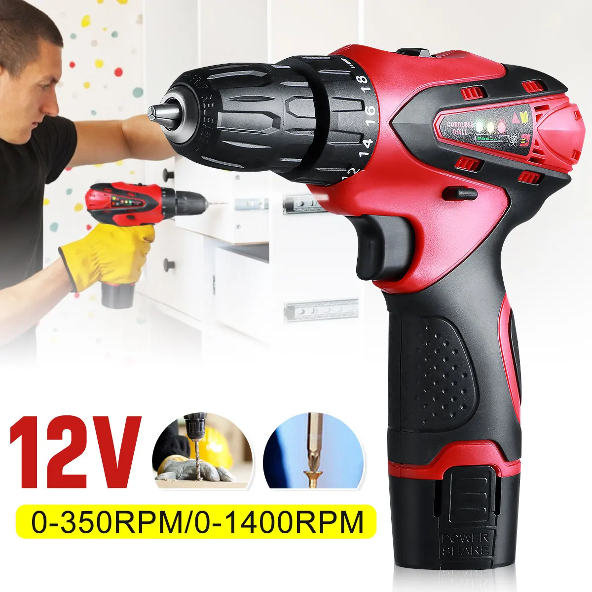 

Drillpro 12V Cordless Drill Electric Screwdriver Mini Wireless Power Driver 3/8 Inch 2 Speed Industrial Grade Power Tool