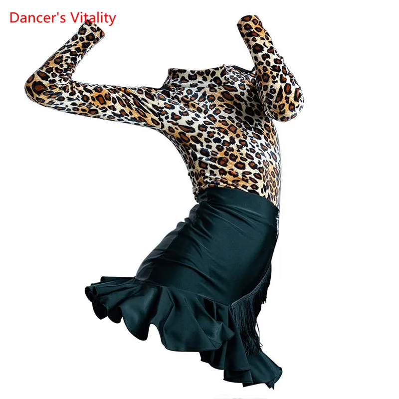 

Latin Dance Suit Velvet Leopard Top Tassel Skirt Performance Clothing Profession Custom Adult Child Elegant Competitio Clothes